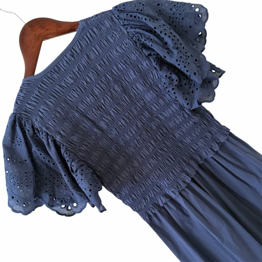 Deluc Avis Smocked Midi Dress Blue Embroidered Ruffle Pockets NWT M - Picture 8 of 14